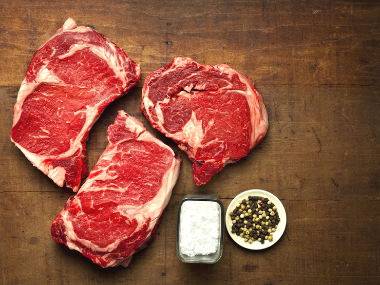 3 pieces of prime rib-eye waiting for salt and pepper